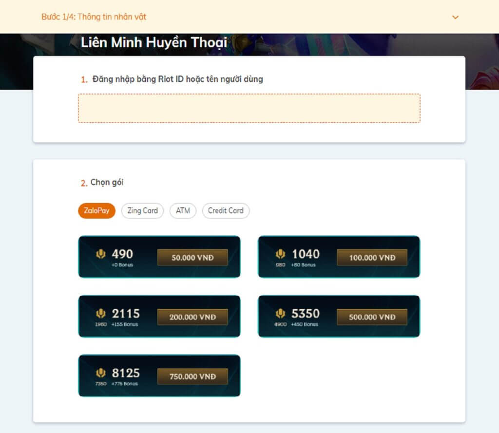 Hướng dẫn chi tiết cách nạp Liên Minh Huyền Thoại VNG 13 Hình thức thanh toán Zalo Pay